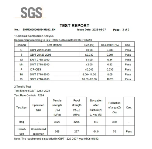SGS test report for our 304 stainless steel material showing chemical composition and tensile properties all passing, including 64% elongation against a 40% minimum requirement